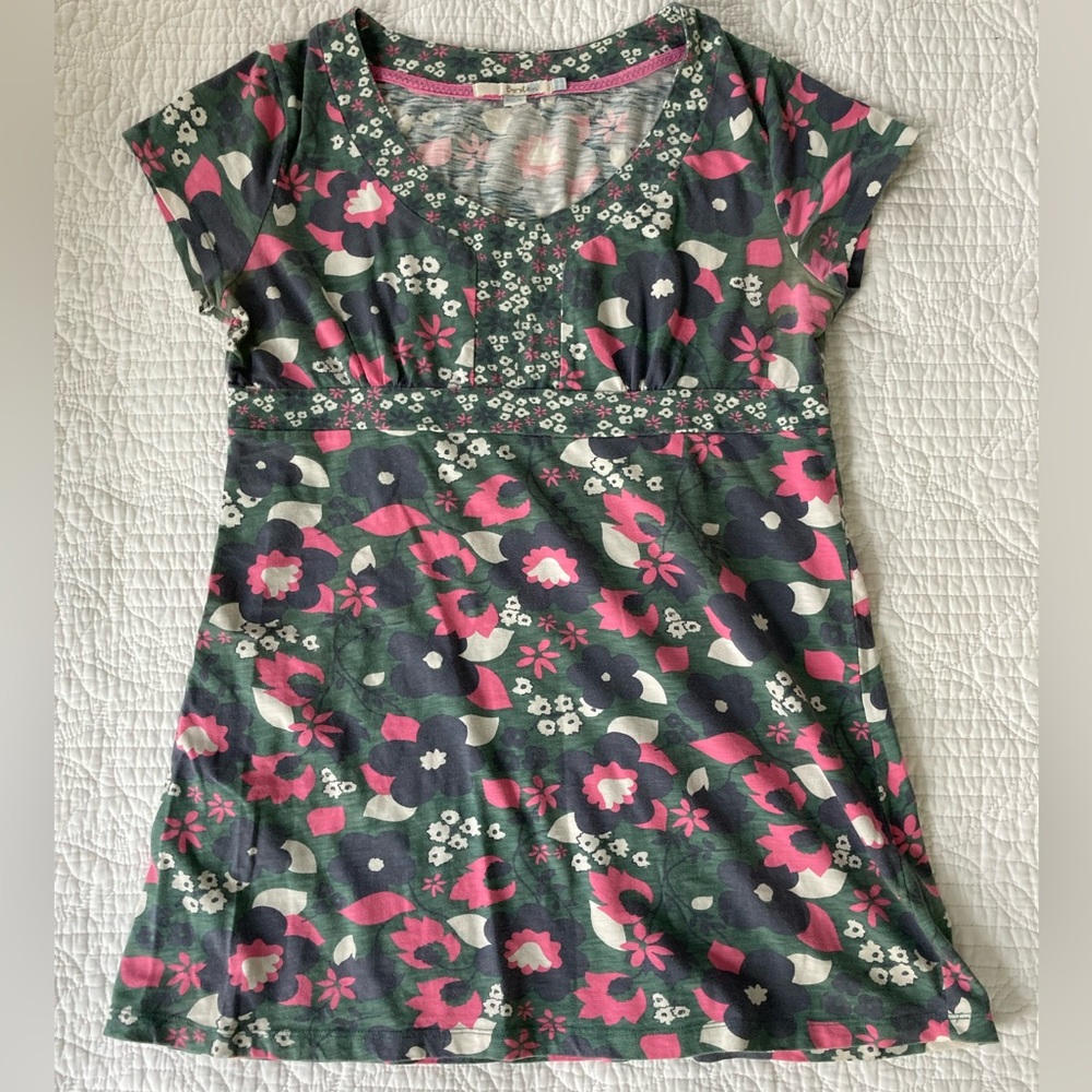 Boden Pink and Green Floral Empire Tunic Top, Women’s 8 Petite